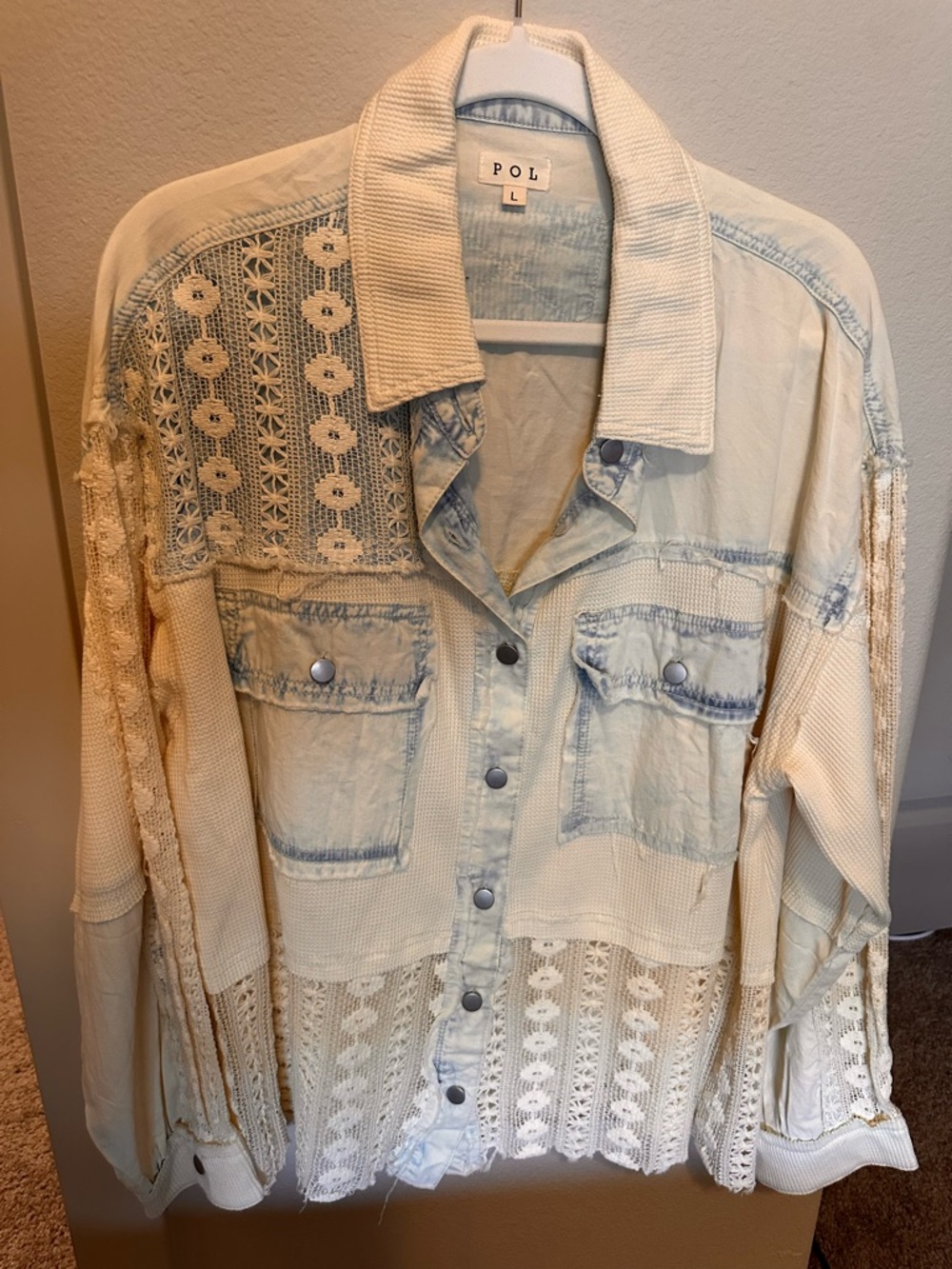 POL Cream Jean Jacket with Light Blue Washed Denim Accents